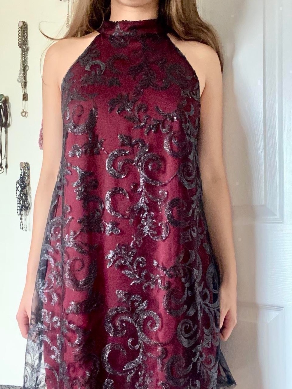 Sleeveless Halter Burgundy Patterned A-Line Dress
